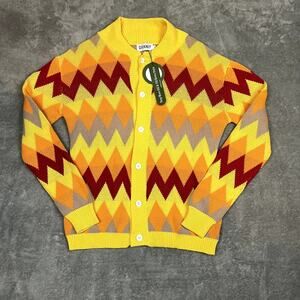 Oxknit Cardigan Sweater  Orange Yelllow Chevron Mens S Retro Preppy NWT